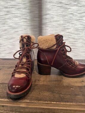 Freebird by Steven Burgundy Leather Lace-Up Shearling Ankle Boots